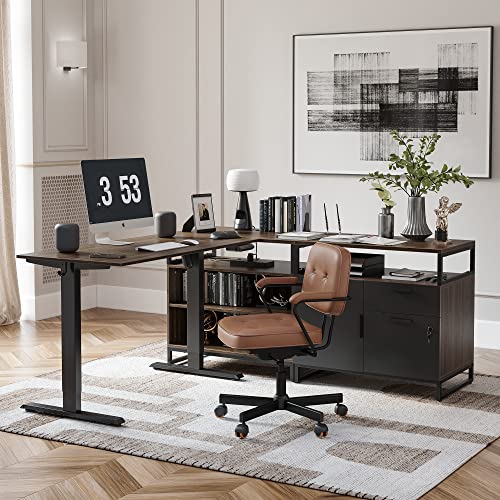 FEZIBO 66 Inch Executive L Shaped Standing Desk with 2-Drawer File Cabinet, Electric Height Adjustable Stand up Desk, Home Office Modern Wood Computer Desk with Shelves, Black Frame/Dark Walnut Top