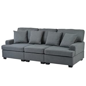 LUMISOL 91" Contemporary Deep Seat Sofa, Linen Fabric 3 Seater Sofa with Track Arms, Modern Sofa Couch with Pillows for Living Room, Bedroom, Small Apartment (Gray)