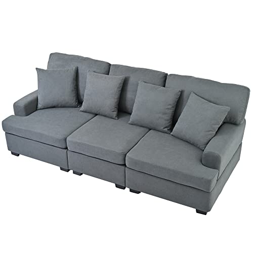 LUMISOL 91" Contemporary Deep Seat Sofa, Linen Fabric 3 Seater Sofa with Track Arms, Modern Sofa Couch with Pillows for Living Room, Bedroom, Small Apartment (Gray)