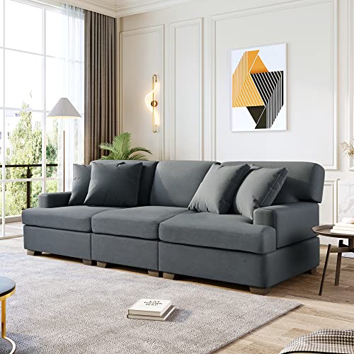 LUMISOL 91" Contemporary Deep Seat Sofa, Linen Fabric 3 Seater Sofa with Track Arms, Modern Sofa Couch with Pillows for Living Room, Bedroom, Small Apartment (Gray)