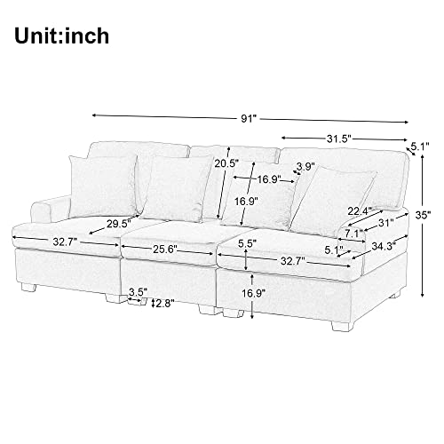 LUMISOL 91" Contemporary Deep Seat Sofa, Linen Fabric 3 Seater Sofa with Track Arms, Modern Sofa Couch with Pillows for Living Room, Bedroom, Small Apartment (Gray)