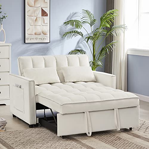 SEVENWOOD Velvet Loveseat Sleeper Sofa Bed, Convertible Futon Sofa Couch with Pull Out Bed, Small 2 Seater Lounge Sofa with Adjustable Backrest and Toss Pillows for Living Room.