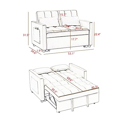 SEVENWOOD Velvet Loveseat Sleeper Sofa Bed, Convertible Futon Sofa Couch with Pull Out Bed, Small 2 Seater Lounge Sofa with Adjustable Backrest and Toss Pillows for Living Room.