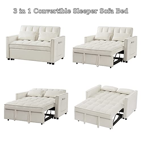 SEVENWOOD Velvet Loveseat Sleeper Sofa Bed, Convertible Futon Sofa Couch with Pull Out Bed, Small 2 Seater Lounge Sofa with Adjustable Backrest and Toss Pillows for Living Room.