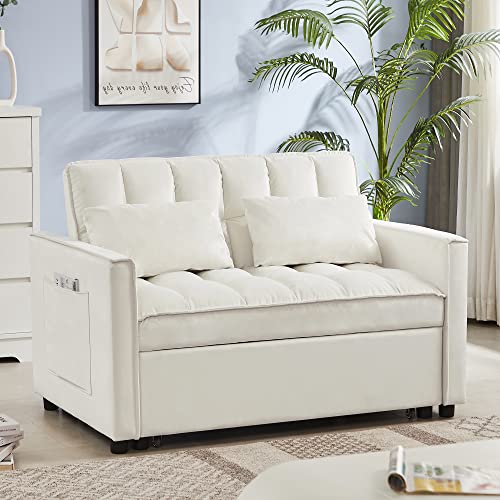 SEVENWOOD Velvet Loveseat Sleeper Sofa Bed, Convertible Futon Sofa Couch with Pull Out Bed, Small 2 Seater Lounge Sofa with Adjustable Backrest and Toss Pillows for Living Room.