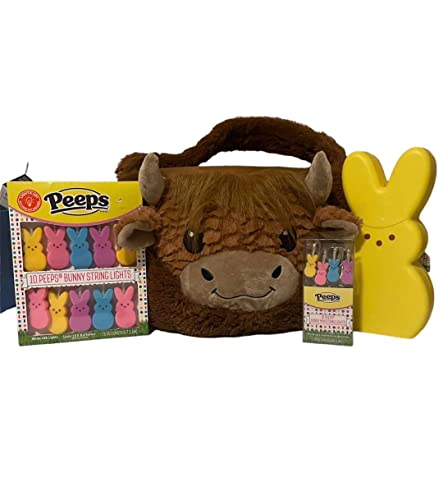 PEEPS STRING LED LIGHTS AND CANDLE PEEP LED LIGHT AND A BROWN LONGHORN COW JUMBO EASTER BASKET AS SEEN ON TIK TOK