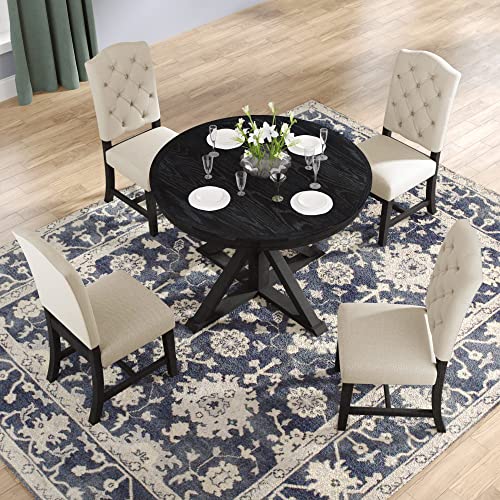 P PURLOVE Extendable Dining Table Set for 4 Persons, 5 Piece Round Dining Table Set with Extendable Dining Table and 4 Upholstered Dining Chairs for Kitchen Dining Room
