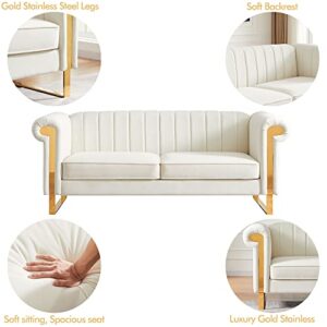 Xozor 83" Chesterfield 2 Person Couch, Velvet Loveseat Couch Sofa Tufted Upholstered Couch with Gold Stainless Steel Legs and Square Rolled Arms for Living Room Bedroom Apartment (Beige)