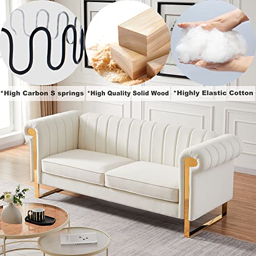 Xozor 83" Chesterfield 2 Person Couch, Velvet Loveseat Couch Sofa Tufted Upholstered Couch with Gold Stainless Steel Legs and Square Rolled Arms for Living Room Bedroom Apartment (Beige)