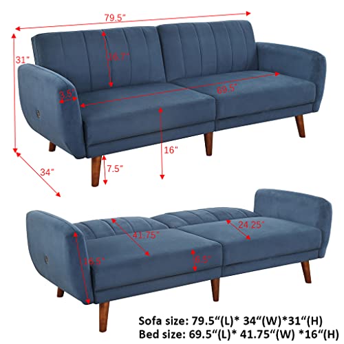 PEFEK Futon Sofa Bed Sleeper Loveseat Convertible Couch for Living Room with USB Charging, Modern Velvet Teal Love Seat Sofá Couch, Sofa Cama para Sala Muebles, Navy