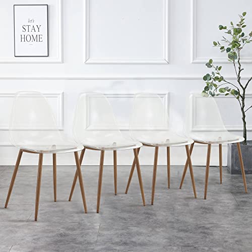 Gxcevsou Dining Chairs Set of 4, Modern Plastic Transparent Crystal Ghost Seat, Nordic Creative Makeup Stool Negotiation Chair for Dining Room Living Room Bedroom - Walnut Wood Color Metal Leg