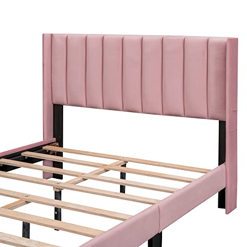 Rockjame Full Size Bed Frame, Velvet Upholstered Platform Bed Frame Full with Headboard and Storage Drawer, No Box Spring Needed (Pink)