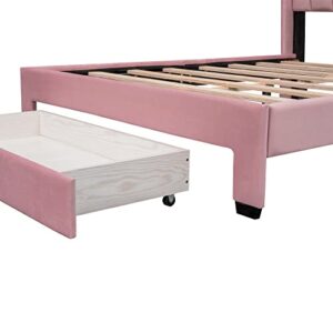 Rockjame Full Size Bed Frame, Velvet Upholstered Platform Bed Frame Full with Headboard and Storage Drawer, No Box Spring Needed (Pink)