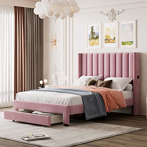 Rockjame Full Size Bed Frame, Velvet Upholstered Platform Bed Frame Full with Headboard and Storage Drawer, No Box Spring Needed (Pink)