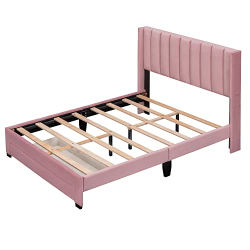 Rockjame Full Size Bed Frame, Velvet Upholstered Platform Bed Frame Full with Headboard and Storage Drawer, No Box Spring Needed (Pink)