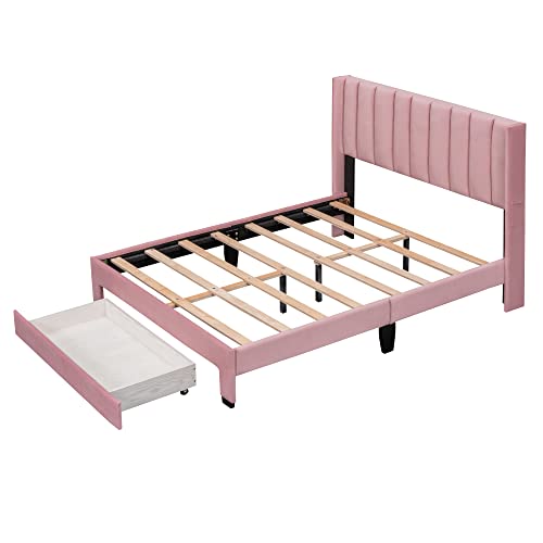 Rockjame Full Size Bed Frame, Velvet Upholstered Platform Bed Frame Full with Headboard and Storage Drawer, No Box Spring Needed (Pink)