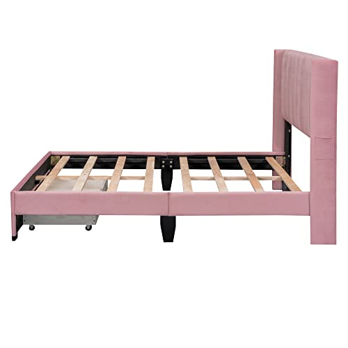 Rockjame Full Size Bed Frame, Velvet Upholstered Platform Bed Frame Full with Headboard and Storage Drawer, No Box Spring Needed (Pink)