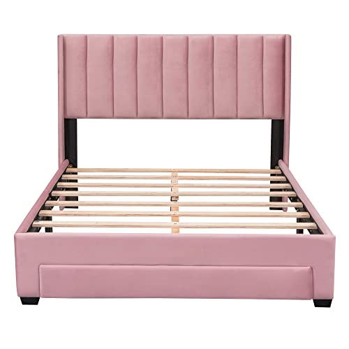 Rockjame Full Size Bed Frame, Velvet Upholstered Platform Bed Frame Full with Headboard and Storage Drawer, No Box Spring Needed (Pink)