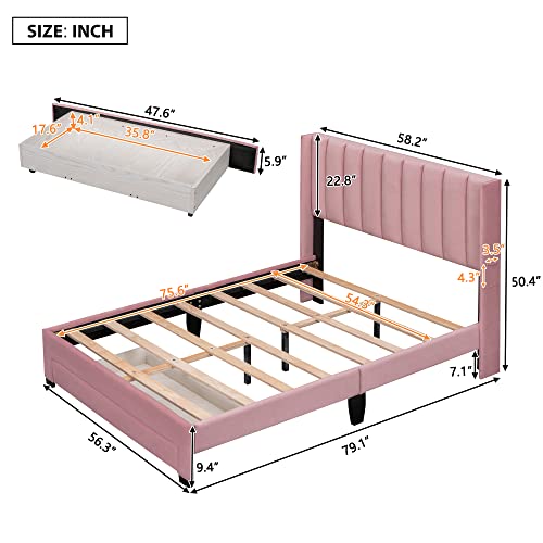 Rockjame Full Size Bed Frame, Velvet Upholstered Platform Bed Frame Full with Headboard and Storage Drawer, No Box Spring Needed (Pink)