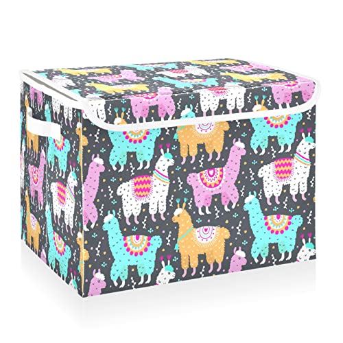 CaTaKu Cute Animals Llama Storage Bins with Lids Fabric Large Storage Container Cube Basket with Handle Decorative Storage Boxes for Organizing Clothes Shelves