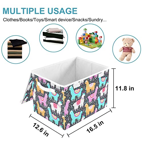 CaTaKu Cute Animals Llama Storage Bins with Lids Fabric Large Storage Container Cube Basket with Handle Decorative Storage Boxes for Organizing Clothes Shelves