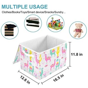 CaTaKu Llama Cactus Cute Storage Bins with Lids Fabric Large Storage Container Cube Basket with Handle Decorative Storage Boxes for Organizing Clothes Shelves