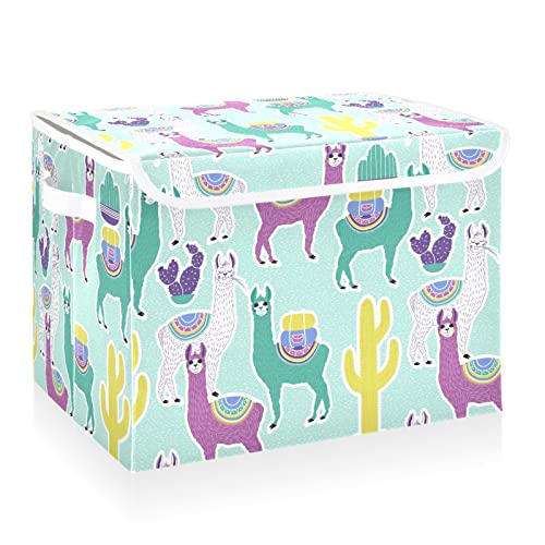 CaTaKu Llama Alpaca Green Storage Bins with Lids Fabric Large Storage Container Cube Basket with Handle Decorative Storage Boxes for Organizing Clothes Shelves