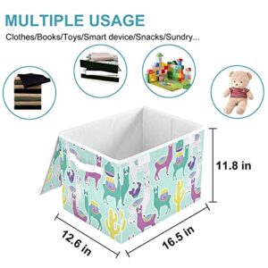 CaTaKu Llama Alpaca Green Storage Bins with Lids Fabric Large Storage Container Cube Basket with Handle Decorative Storage Boxes for Organizing Clothes Shelves