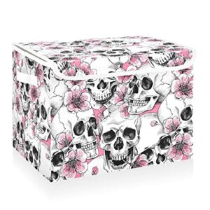 CaTaKu Skull Pink Cherry Storage Bins with Lids and Handles, Fabric Large Storage Container Cube Basket with Lid Decorative Storage Boxes for Organizing Clothes