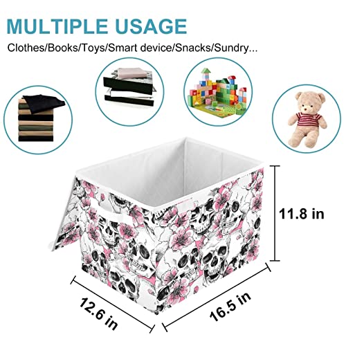 CaTaKu Skull Pink Cherry Storage Bins with Lids and Handles, Fabric Large Storage Container Cube Basket with Lid Decorative Storage Boxes for Organizing Clothes