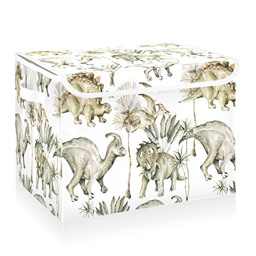 CaTaKu Dinosaurs Jungle Leaves Storage Bins with Lids Fabric Large Storage Container Cube Basket with Handle Decorative Storage Boxes for Organizing Clothes Shelves