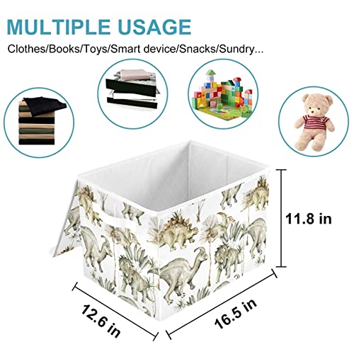 CaTaKu Dinosaurs Jungle Leaves Storage Bins with Lids Fabric Large Storage Container Cube Basket with Handle Decorative Storage Boxes for Organizing Clothes Shelves