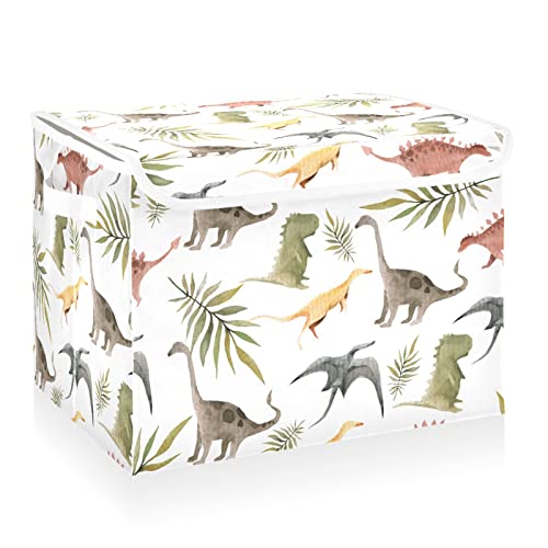 CaTaKu Tropical Leaves Dinosaur Storage Bins with Lids Fabric Large Storage Container Cube Basket with Handle Decorative Storage Boxes for Organizing Clothes Shelves