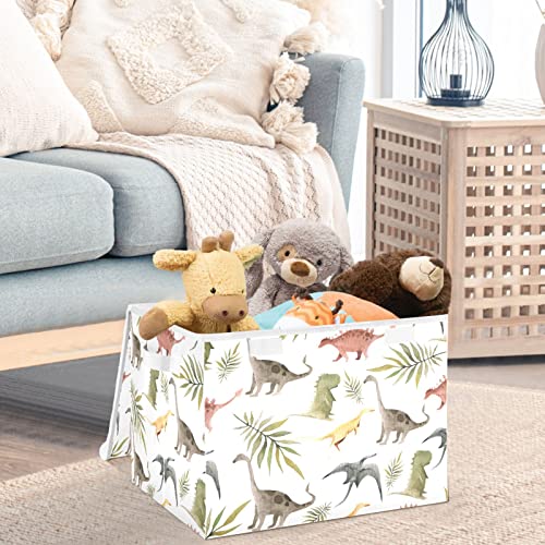 CaTaKu Tropical Leaves Dinosaur Storage Bins with Lids Fabric Large Storage Container Cube Basket with Handle Decorative Storage Boxes for Organizing Clothes Shelves