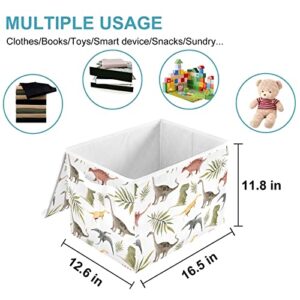 CaTaKu Tropical Leaves Dinosaur Storage Bins with Lids Fabric Large Storage Container Cube Basket with Handle Decorative Storage Boxes for Organizing Clothes Shelves