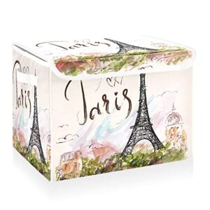 cataku paris eiffel tower storage bins with lids and handles, fabric large storage container cube basket with lid decorative storage boxes for organizing clothes