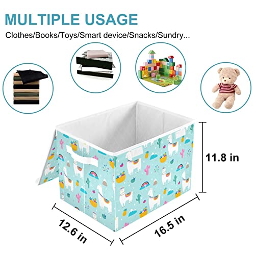 CaTaKu Alpaca Cactuses Leaves Storage Bins with Lids Fabric Large Storage Container Cube Basket with Handle Decorative Storage Boxes for Organizing Clothes Shelves