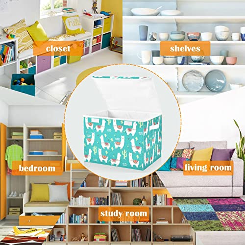 CaTaKu Cute White Llama Storage Bins with Lids Fabric Large Storage Container Cube Basket with Handle Decorative Storage Boxes for Organizing Clothes Shelves