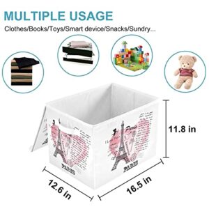 CaTaKu I Love Paris Storage Bins with Lids and Handles, Fabric Large Storage Container Cube Basket with Lid Decorative Storage Boxes for Organizing Clothes