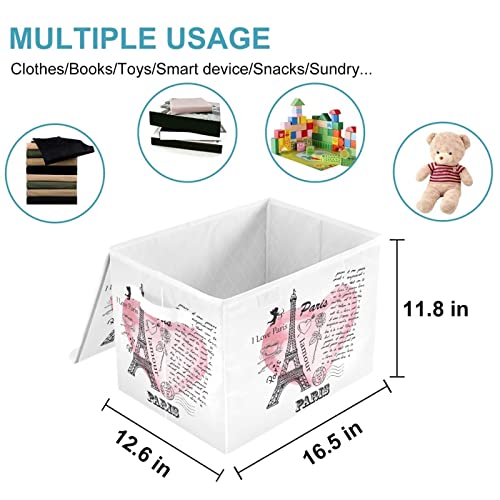 CaTaKu I Love Paris Storage Bins with Lids and Handles, Fabric Large Storage Container Cube Basket with Lid Decorative Storage Boxes for Organizing Clothes