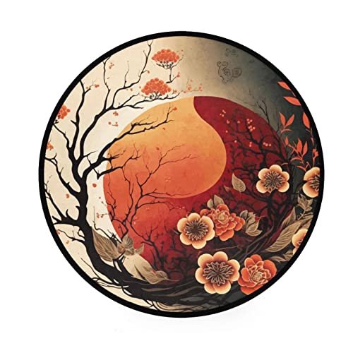 Vnurnrn Round Area Rug (Oriental Moon Floral), Non Slip Indoor Throw Area Rug Washable Circle Carpet Floor Mat for Living Room, Door Entryway, Bedroom, Sofa, 3 Ft