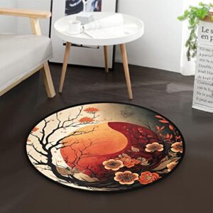 Vnurnrn Round Area Rug (Oriental Moon Floral), Non Slip Indoor Throw Area Rug Washable Circle Carpet Floor Mat for Living Room, Door Entryway, Bedroom, Sofa, 3 Ft