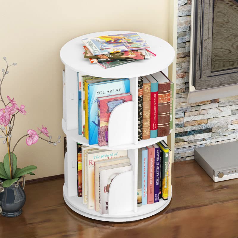 Gdrasuya10 2 Tier Rotating Bookshelf Small Bookshelf for Bedroom, Stacking Bookcase with Storage Shelf White Storage Display Rack Floor Standing Bookshelf