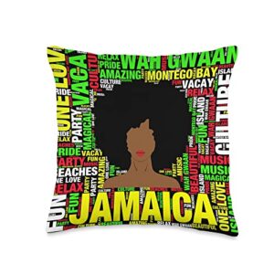 jamaica afro art jamaican black woman afro vacation throw pillow, 16x16, multicolor