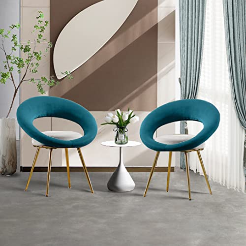 Velvet Dining Chair Set of 2, Accent Chair for Living Room,Upholstered Living Room Chair with Metal Golden Legs, Tufted Side Chair with Circular Back, Bedroom Vanity Chair, Teal & White