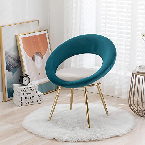 Velvet Dining Chair Set of 2, Accent Chair for Living Room,Upholstered Living Room Chair with Metal Golden Legs, Tufted Side Chair with Circular Back, Bedroom Vanity Chair, Teal & White