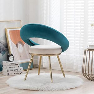 Velvet Dining Chair Set of 2, Accent Chair for Living Room,Upholstered Living Room Chair with Metal Golden Legs, Tufted Side Chair with Circular Back, Bedroom Vanity Chair, Teal & White