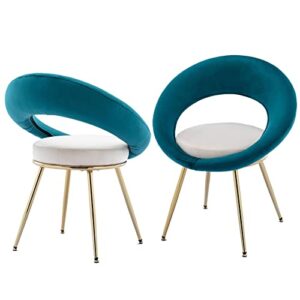 Velvet Dining Chair Set of 2, Accent Chair for Living Room,Upholstered Living Room Chair with Metal Golden Legs, Tufted Side Chair with Circular Back, Bedroom Vanity Chair, Teal & White