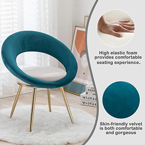 Velvet Dining Chair Set of 2, Accent Chair for Living Room,Upholstered Living Room Chair with Metal Golden Legs, Tufted Side Chair with Circular Back, Bedroom Vanity Chair, Teal & White