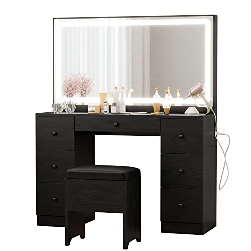 IRONCK Vanity Desk Set with LED Lighted Mirror & Power Outlet, 7 Drawers Makeup Vanities Dressing Table with Stool, for Bedroom, Black